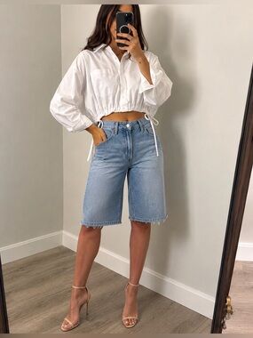 Citizens of Humanity XS White Oversized Cropped Drawstring Hem Button-Up Shirt